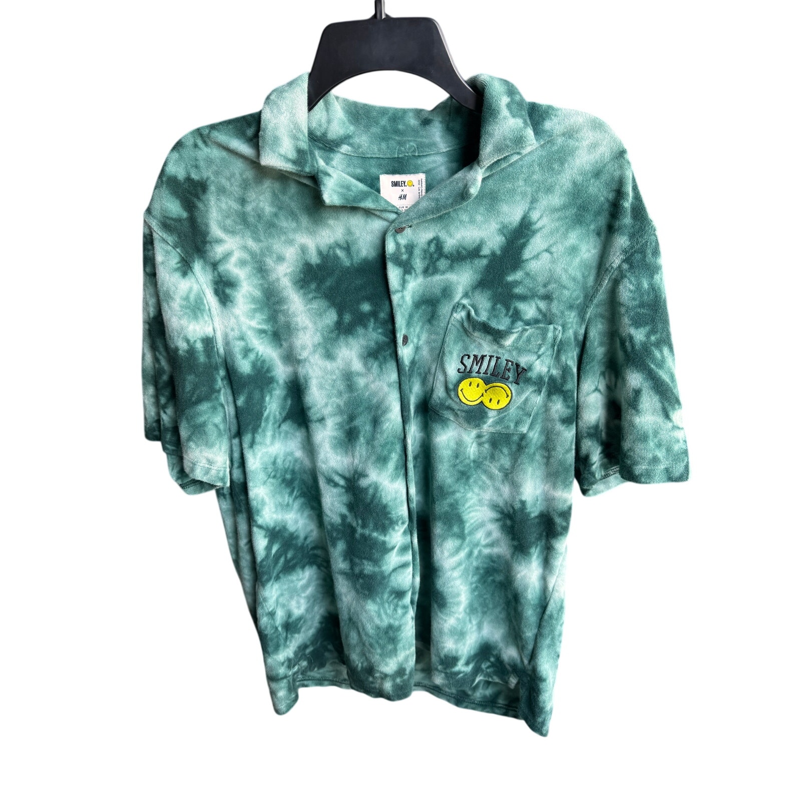 Smiley X H&M Men’s Medium Tie Dye Terry Polo Shirt Green Button Pocket